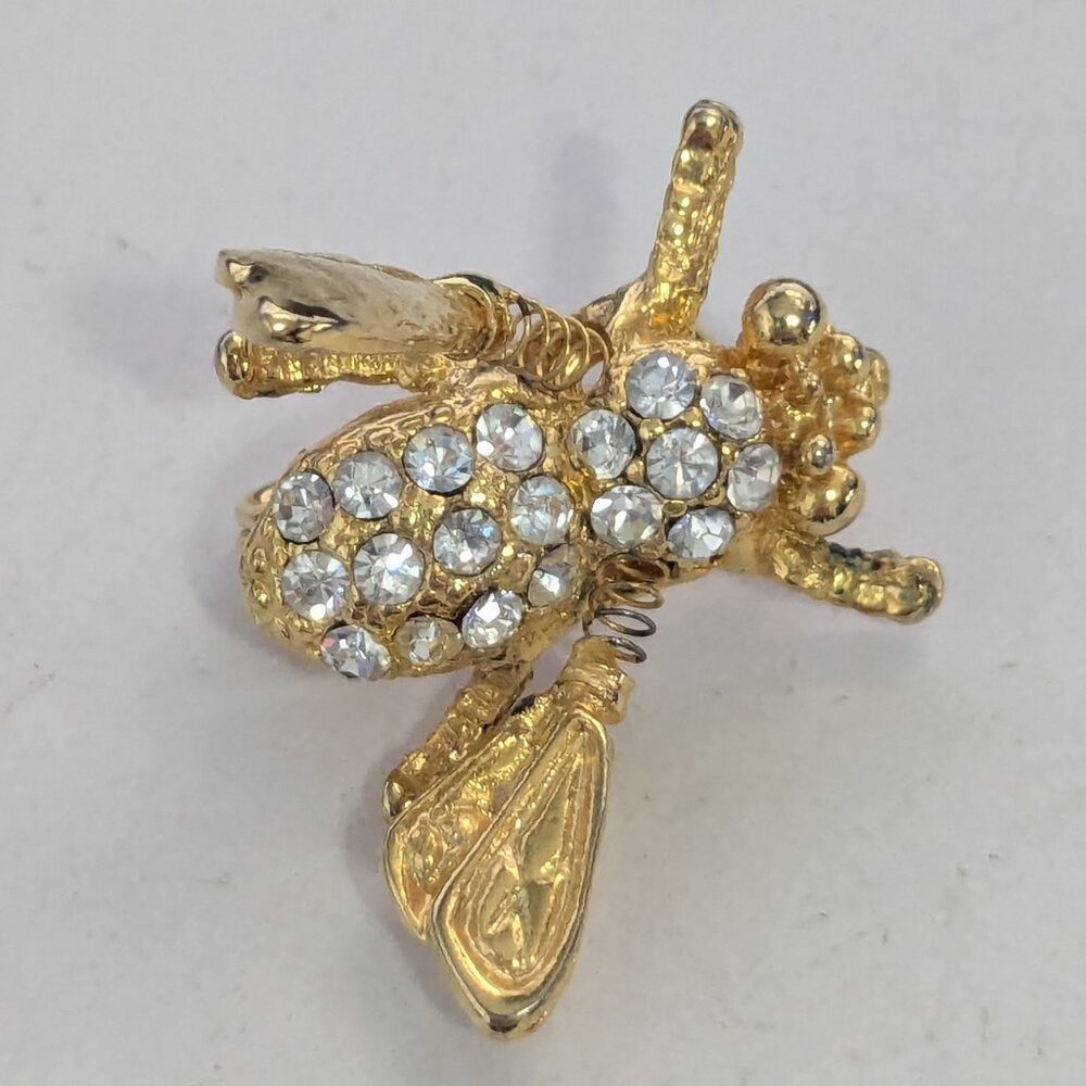 Vintage Gold Tone Small Clear Rhinestone Bee Trembler Scatter Brooch Pin